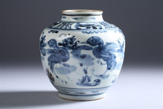 Appraisal: CHINESE BLUE AND WHITE PORCELAIN JAR Ming Dynasty With duck