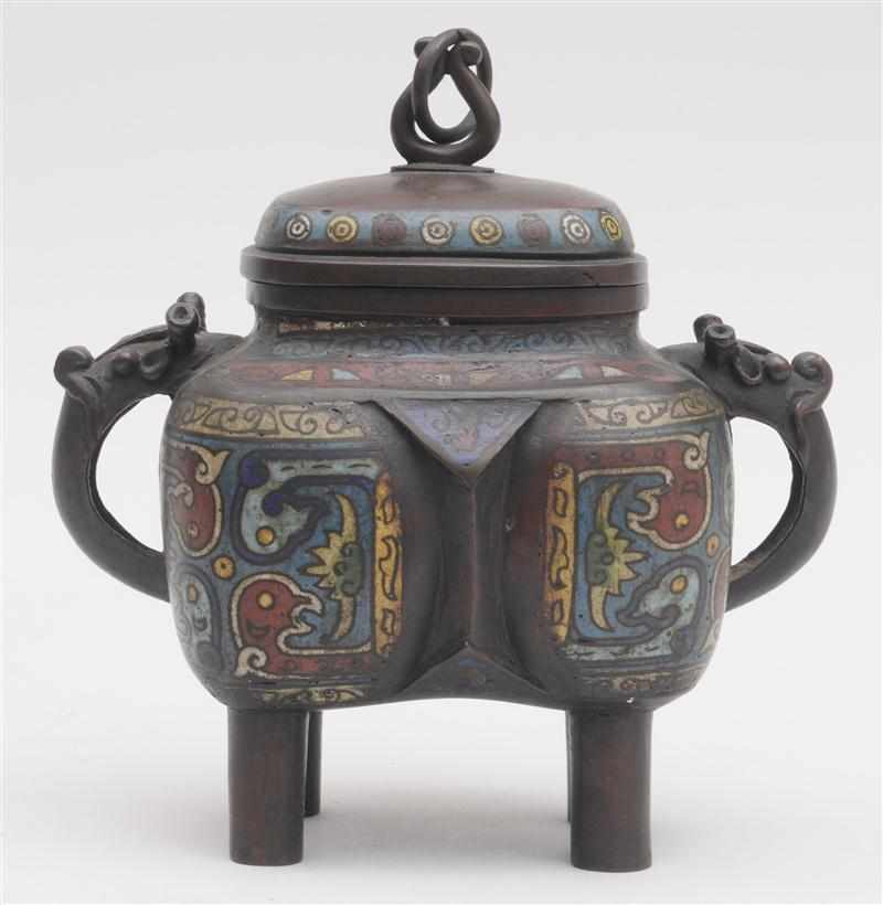 Appraisal: CHINESE CLOISONN ENAMEL ON BRONZE DING-SHAPED CENSER The raised corners