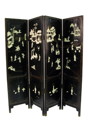 Appraisal: A FOUR-PANEL CARVED IVORY AND BLACK LACQUER FLOOR SCREEN Chinese