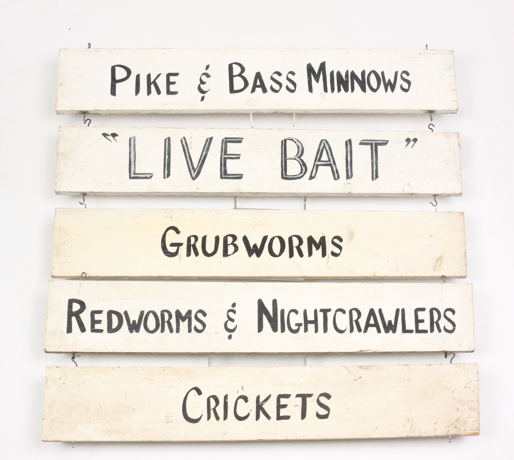 Appraisal: FIVE AMERICAN BAIT SHOP SIGNS Mid th century Double sided