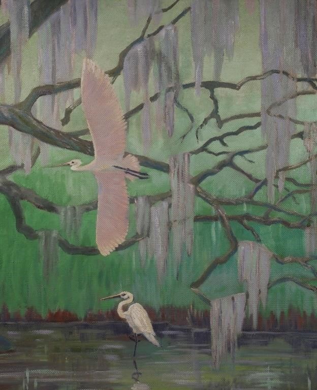 Appraisal: Oil painting on canvas board showing two wetland birds Information