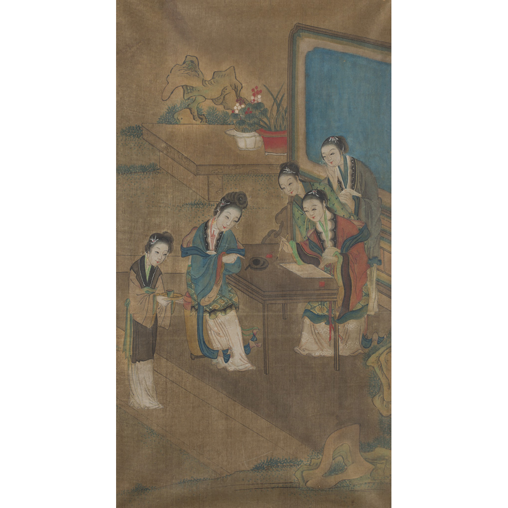 Appraisal: CHINESE SCHOOL QING DYNASTY painting on silk depicting a group