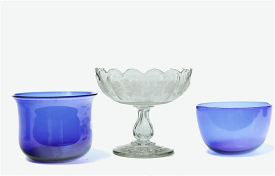 Appraisal: THREE PIECES OF GLASS American th century Two blown cobalt