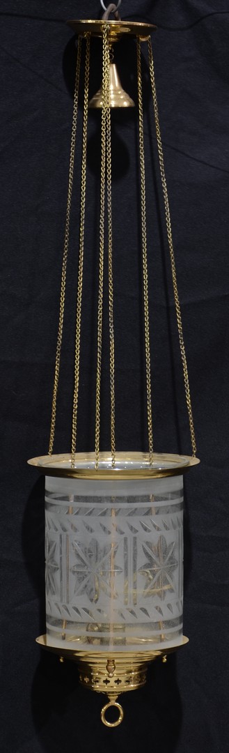 Appraisal: Etched cylindrical glass and brass Victorian hanging lamp shade h