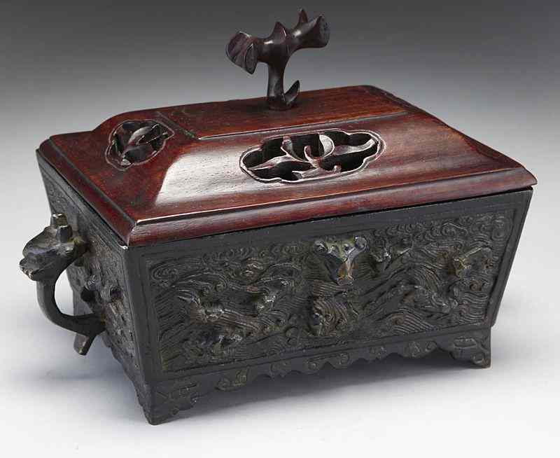 Appraisal: Chinese Qing bronze rectangular censerdepicting sea animals with two dragon