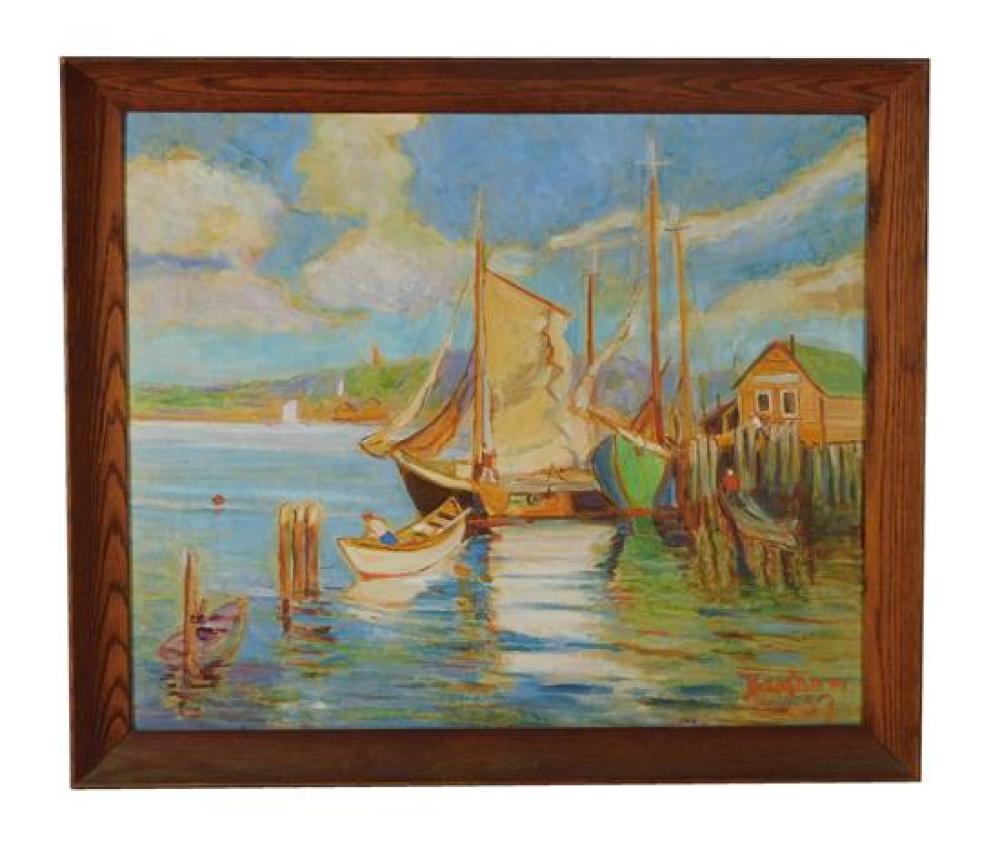 Appraisal: Mid- th C oil on board depicts vividly colored harbor