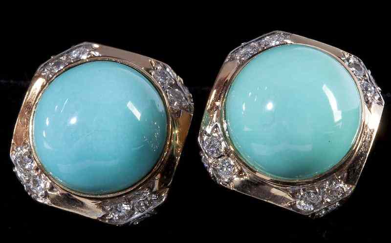 Appraisal: Pair of Turquoise and Diamond Earclipseach set with a dome