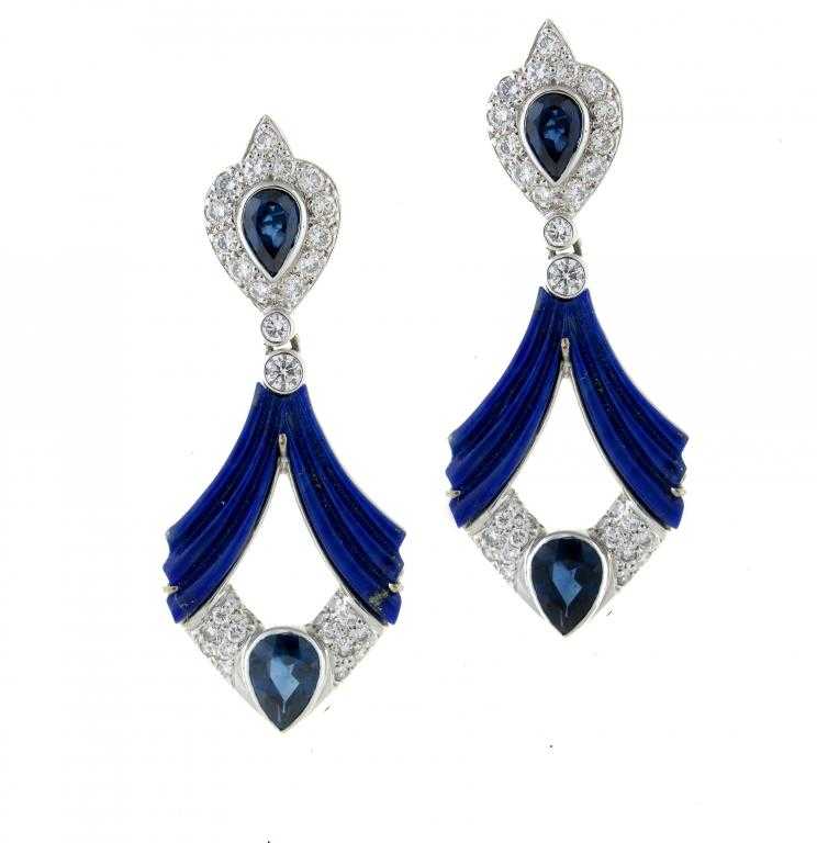 Appraisal: A PAIR OF SAPPHIRE DIAMOND AND LAPIS LAZULI EARRINGS in