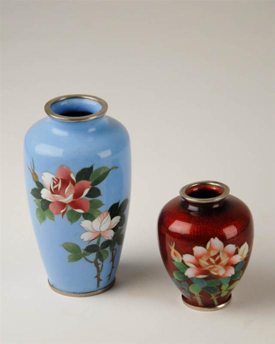 Appraisal: Two Japanese Cloisonne Vases the taller with pink roses on