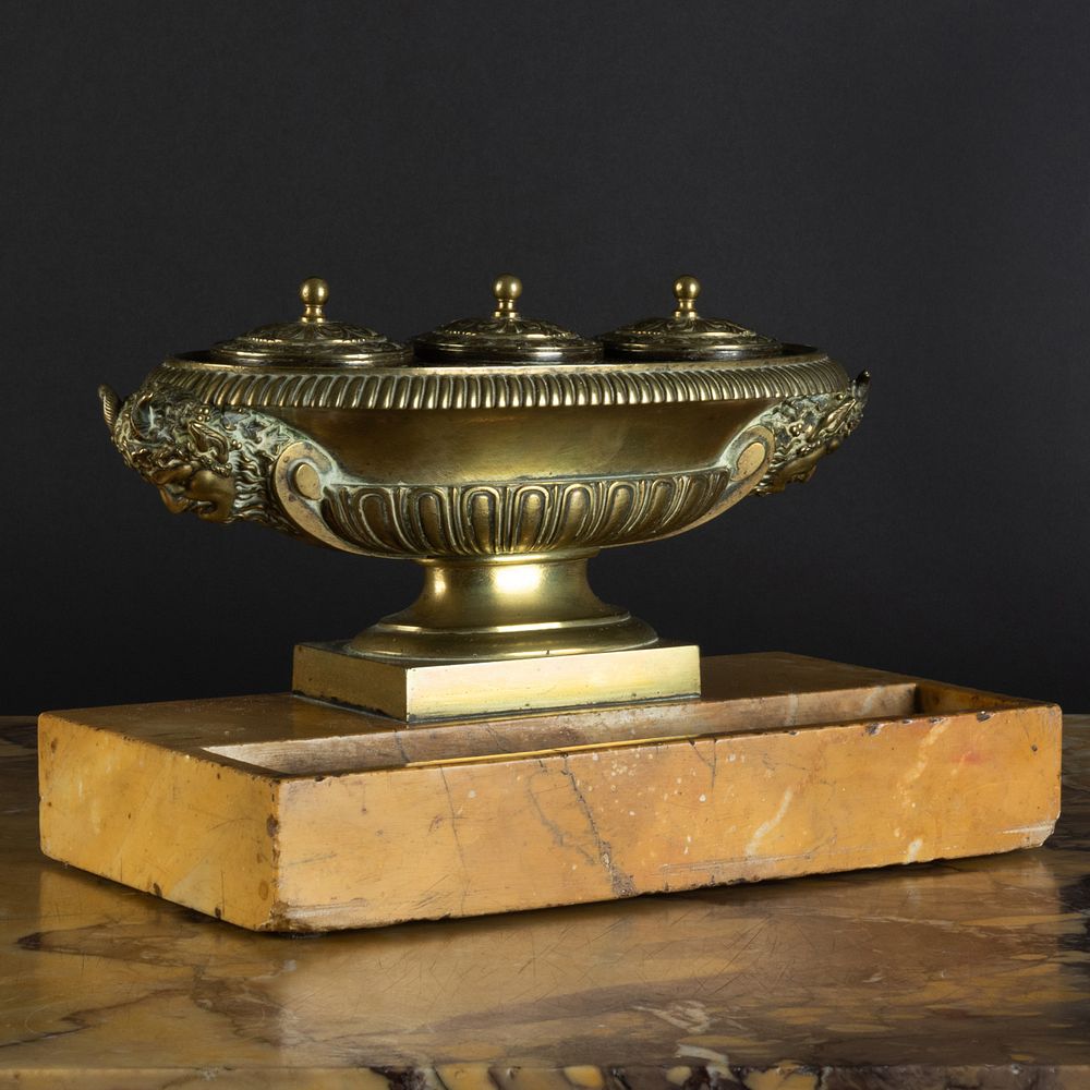 Appraisal: French Brass and Sienna Marble Inkwell and Pen Tray x