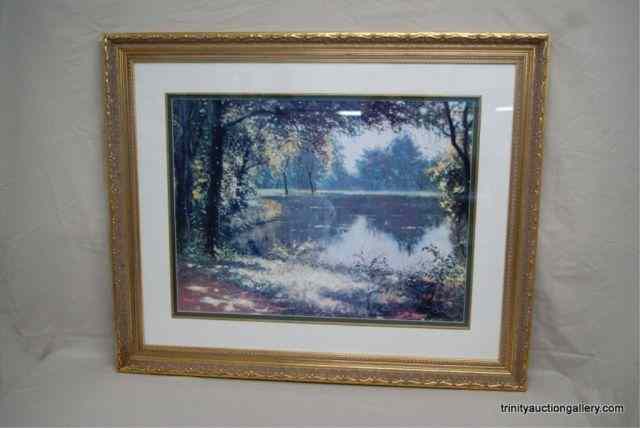 Appraisal: Large Gold Guilt Wood Frame Landscape PrintBy Louisa L is