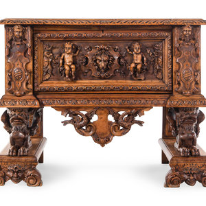 Appraisal: An Italian Renaissance Revival Carved Walnut Cassone on Stand Mid-