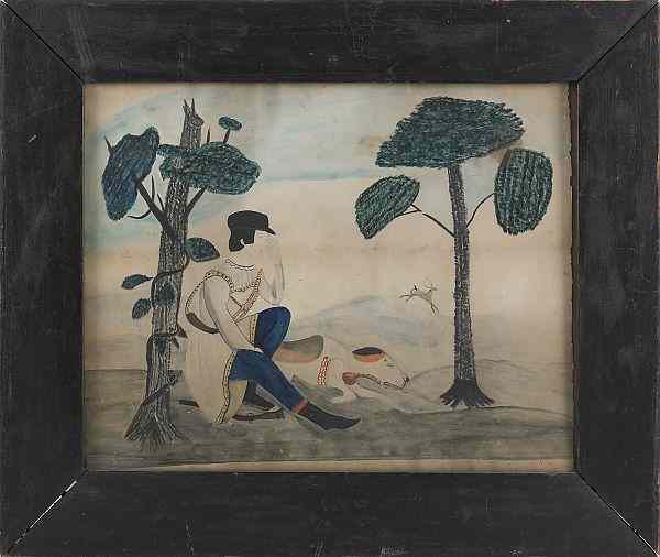 Appraisal: Watercolor primitive landscape with a hunter and a dog mid