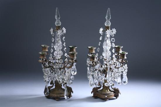 Appraisal: PAIR GEORGE III-STYLE GILT-BRONZE AND GLASS FOUR-LIGHT CANDELABRA th century