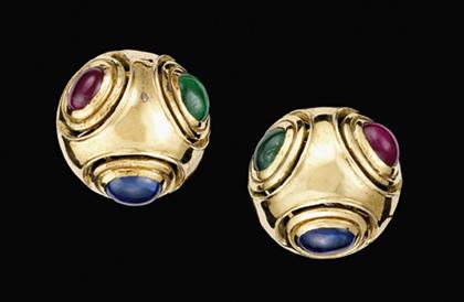 Appraisal: Pair karat yellow gold gem set circular earrings Each dome