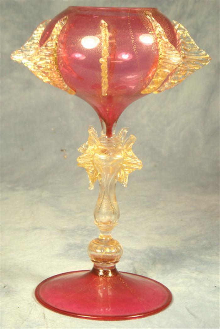 Appraisal: Gold flecked Venetian cranberry clear glass footed vase ribbed applied