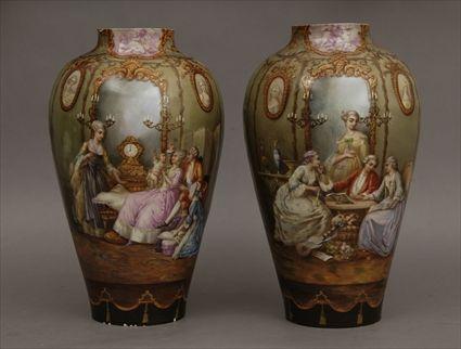 Appraisal: Pair of Continental Porcelain Jars Decorated with th-Century Scenes Missing