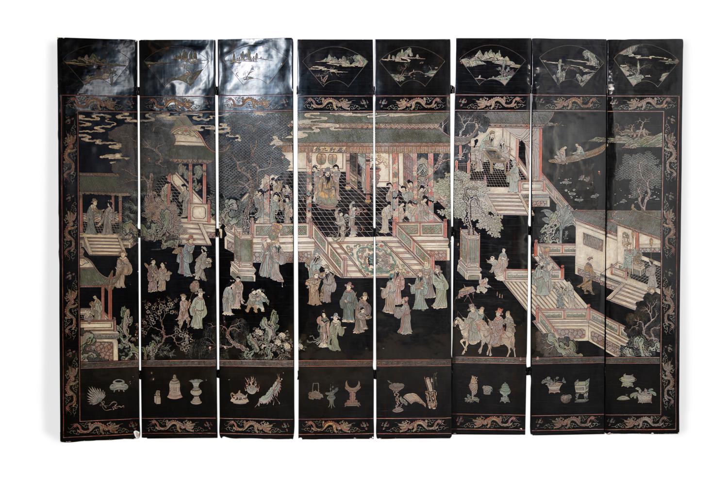 Appraisal: EIGHT PANEL ASIAN BLACK LACQUER SCREEN Eight panel Asian black