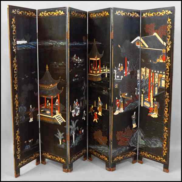 Appraisal: JAPANESE SIX-PANEL LACQUERED AND PAINTED FLOOR SCREEN Each panel ''