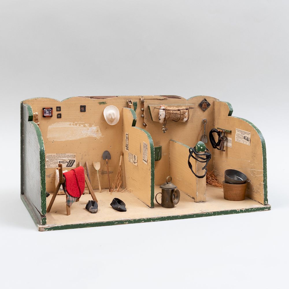 Appraisal: Miniature Painted Wood Model of Stables Comprising A wood saddle