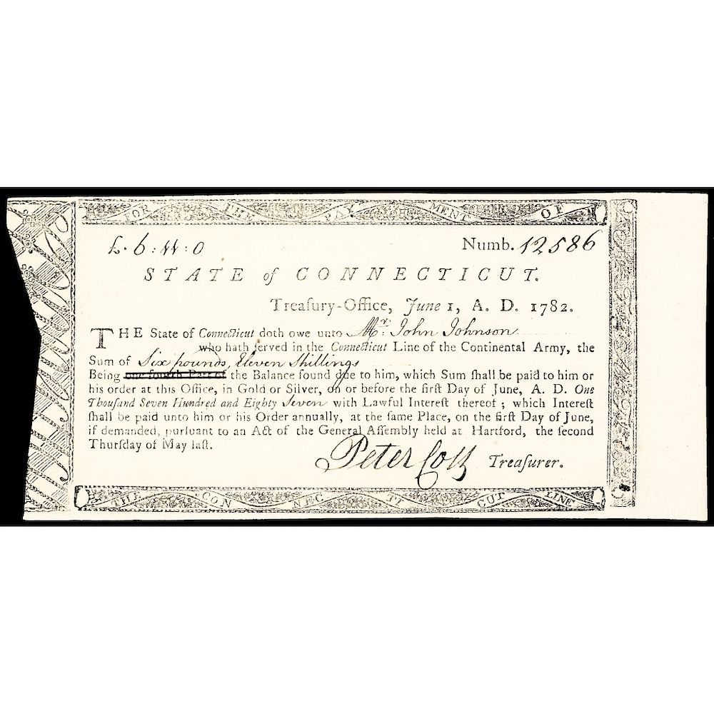 Appraisal: Revolutionary War Connecticut Treasury Certificate for Service in the Continental