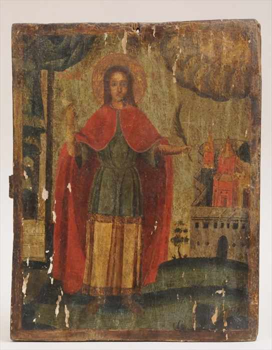 Appraisal: RUSSIAN PAINTED WOOD ICON Depicting a saint holding a palm