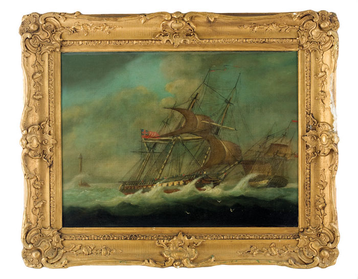 Appraisal: BRITISH MEN O' WAR IN HEAVY SEAS Oil on canvas