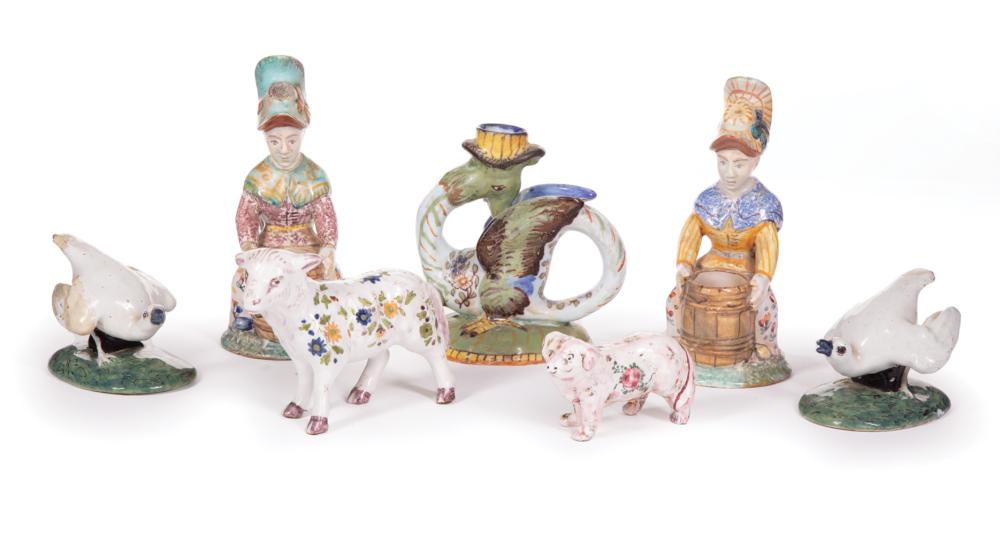 Appraisal: Seven Continental Faience Figurines incl pair of Delft birds attributed