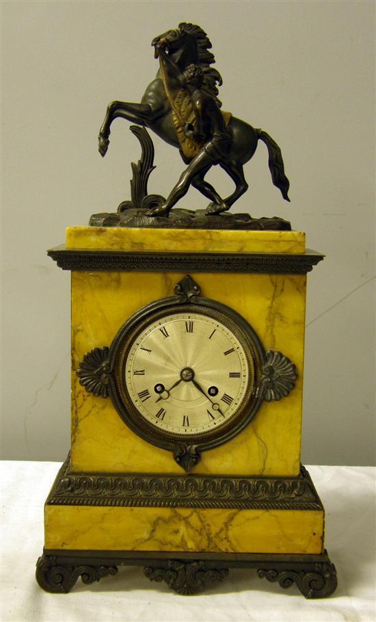 Appraisal: th Century French yellow marble and spelter mantle clock the