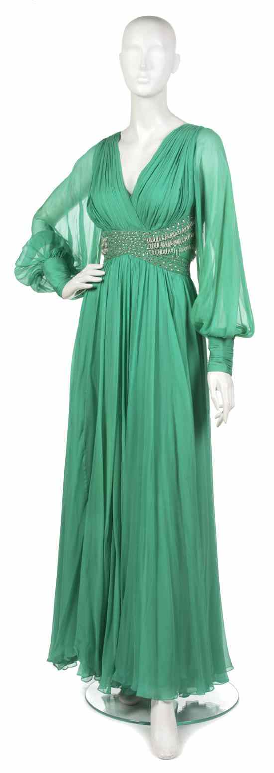 Appraisal: A Richilene Green Chiffon Evening Gown silver beading and rhinestones