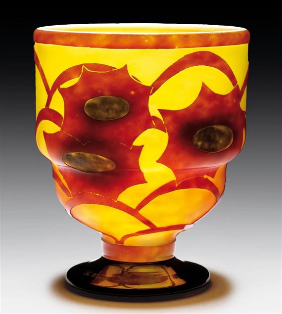 Appraisal: SCHNEIDER COSMOS VASE circa Acid-etched yellow glass with red overlay