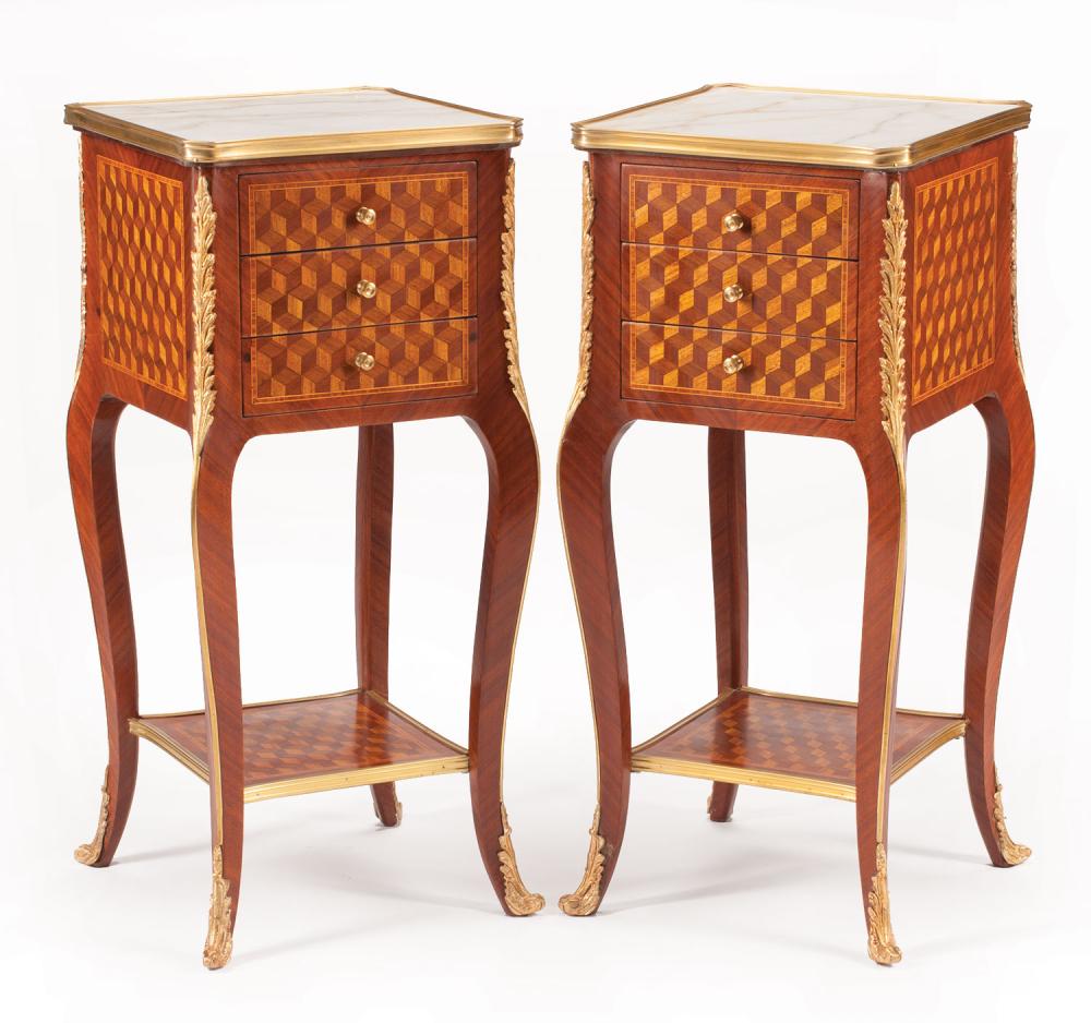 Appraisal: Pair of Louis XV-Style Bronze-Mounted Mahogany and Parquetry Side Tables