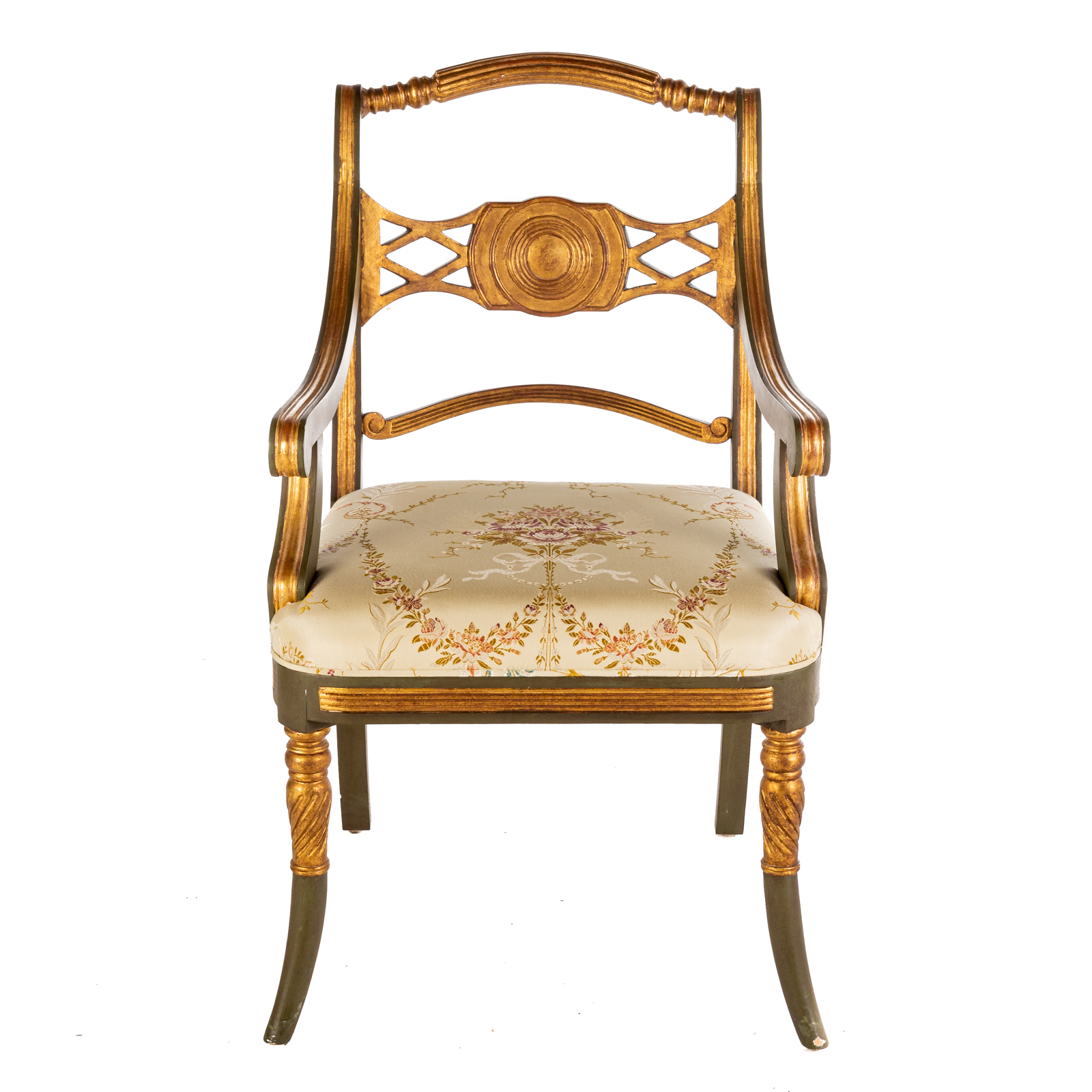 Appraisal: REGENCY STYLE PAINTED WOOD ARM CHAIR th century Sir Russell