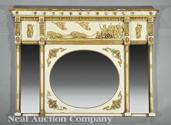 Appraisal: A Neoclassical-Style Cr me Peinte and Gilt-Decorated Overmantel Mirror cavetto