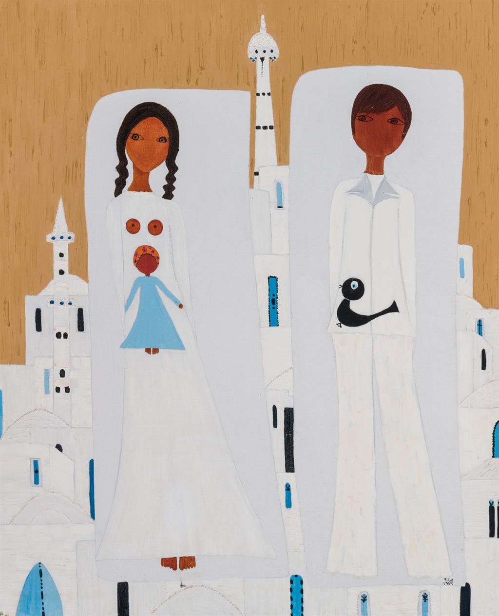 Appraisal: JUMANA EL HUSSEINI Palestinian b Palestinian Couple oil on canvas