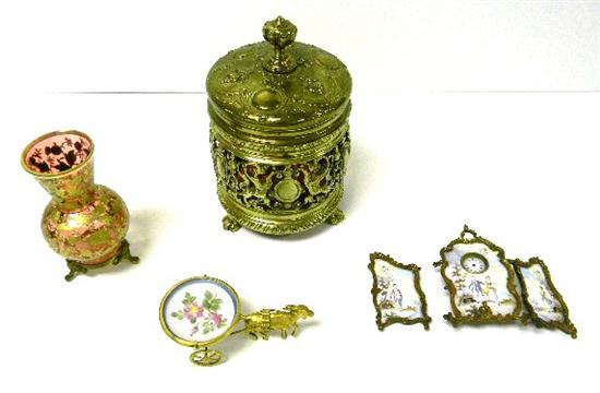 Appraisal: Assortment of metal and glass four pieces brass covered jar