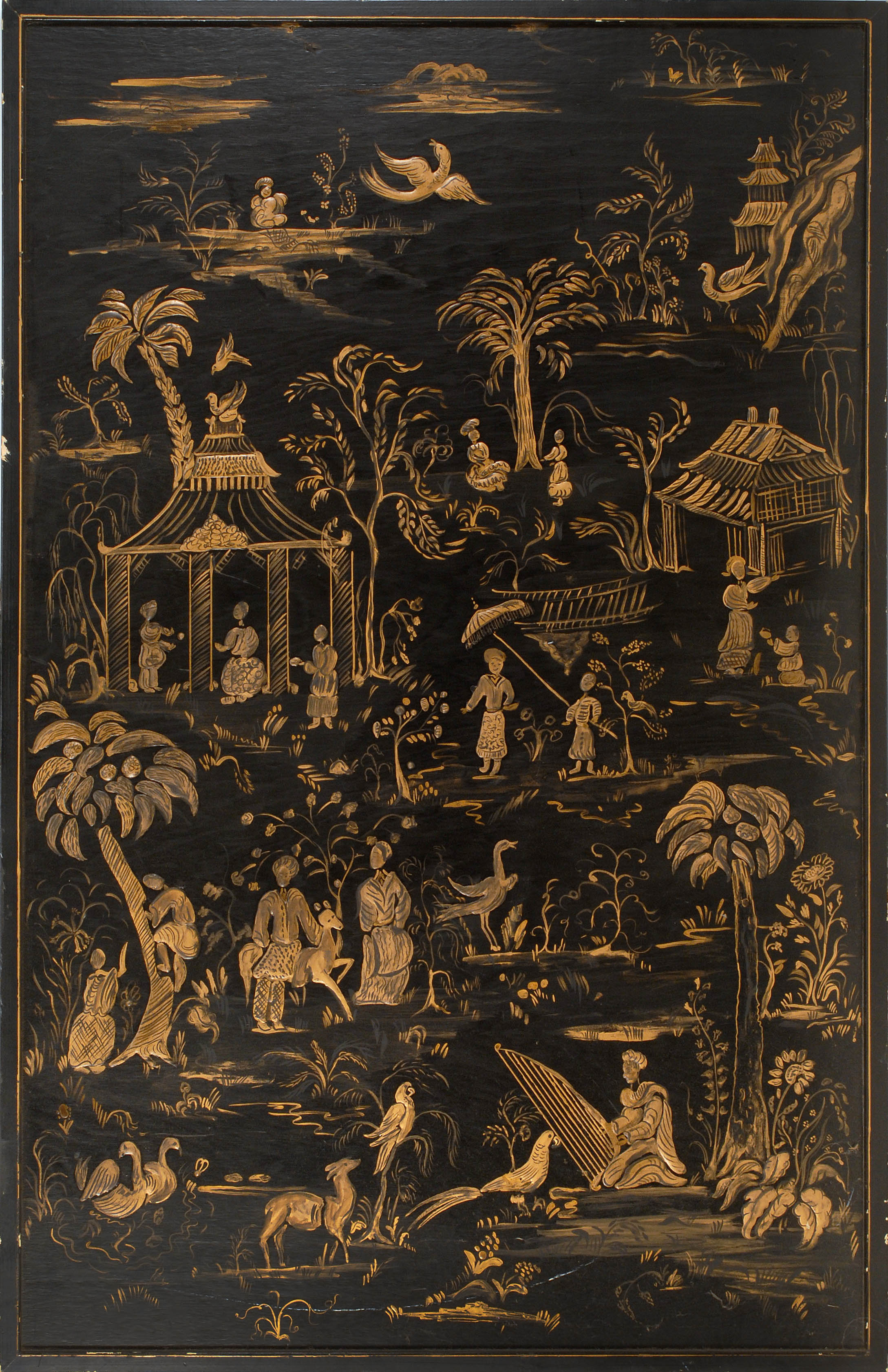 Appraisal: BLACK AND GOLD CHINOISERIE WOOD PANEL with figural landscape design