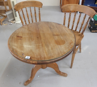 Appraisal: Modern glass topped pine pedestal table together with similar kitchen