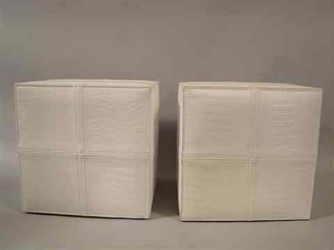 Appraisal: PAIR OF WHITE FAUX CROCODILE LEATHER SIDE TABLES OTTOMANS cube