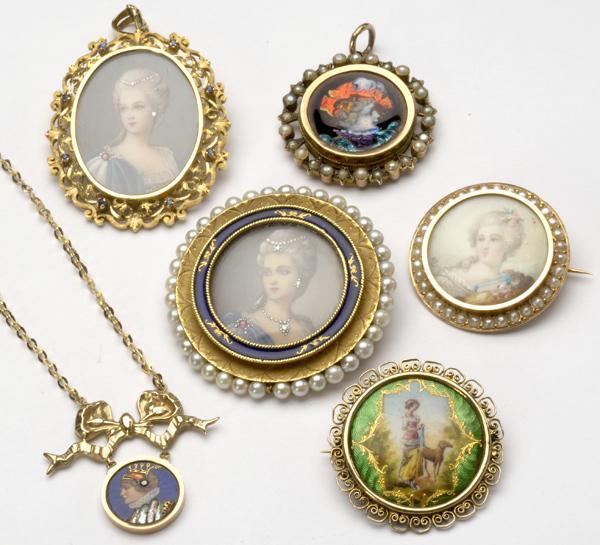 Appraisal: GOLD PORTRAIT JEWELRY Six pieces include k and Limoges enamel