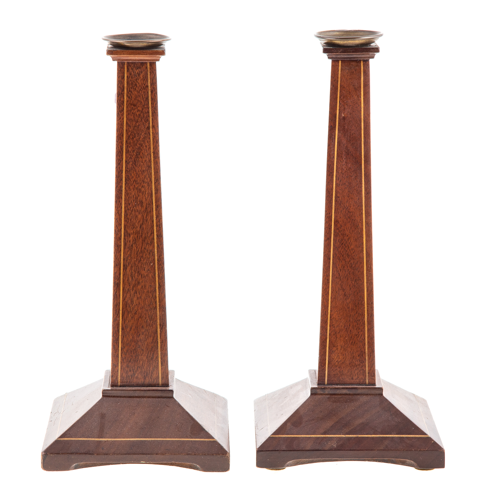 Appraisal: PAIR ARTS CRAFTS INLAID MAHOGANY CANDLESTICKS Circa s reportedly Potthast