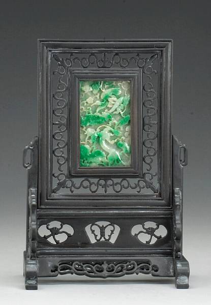 Appraisal: A mottled green and white jadeite-mounted hardwood table screen Republic