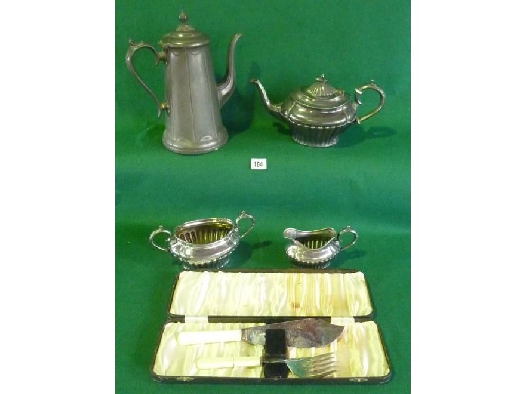 Appraisal: A three piece silver tea service pewter coffee pot and