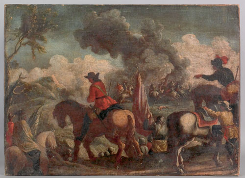 Appraisal: Continental th c oil on canvas landscape with military engagement