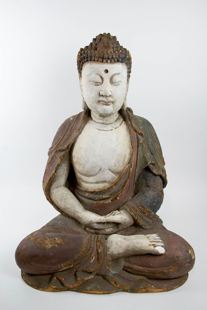 Appraisal: A Large Polychrome Carved Figure of Buddha Polychrome over wood