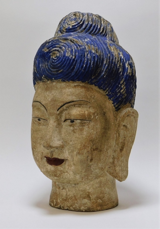 Appraisal: CHINESE POLYCHROME CARVED WOOD BUDDHA HEAD China th CenturyPolychrome decorated