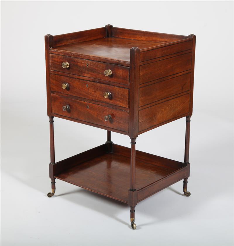 Appraisal: GEORGE III MAHOGANY WORK TABLE With a three-quarter gallery above