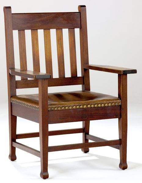 Appraisal: ROYCROFT Mahogany armchair with five vertical slats and Macmurdo feet