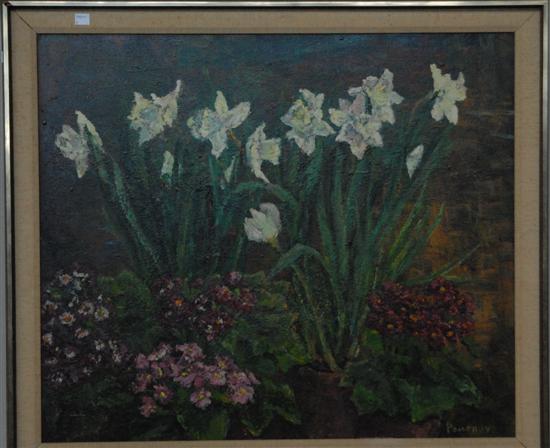 Appraisal: POMEROY FLORENCE W OIL ON BOARD Potted Daffodils Signed lower