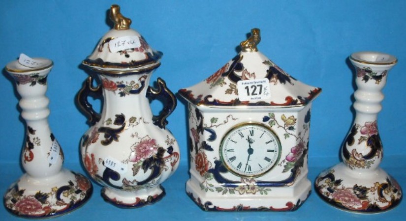 Appraisal: Masons Blue Mandalay Mantle Clock Pair of Candle Stick and